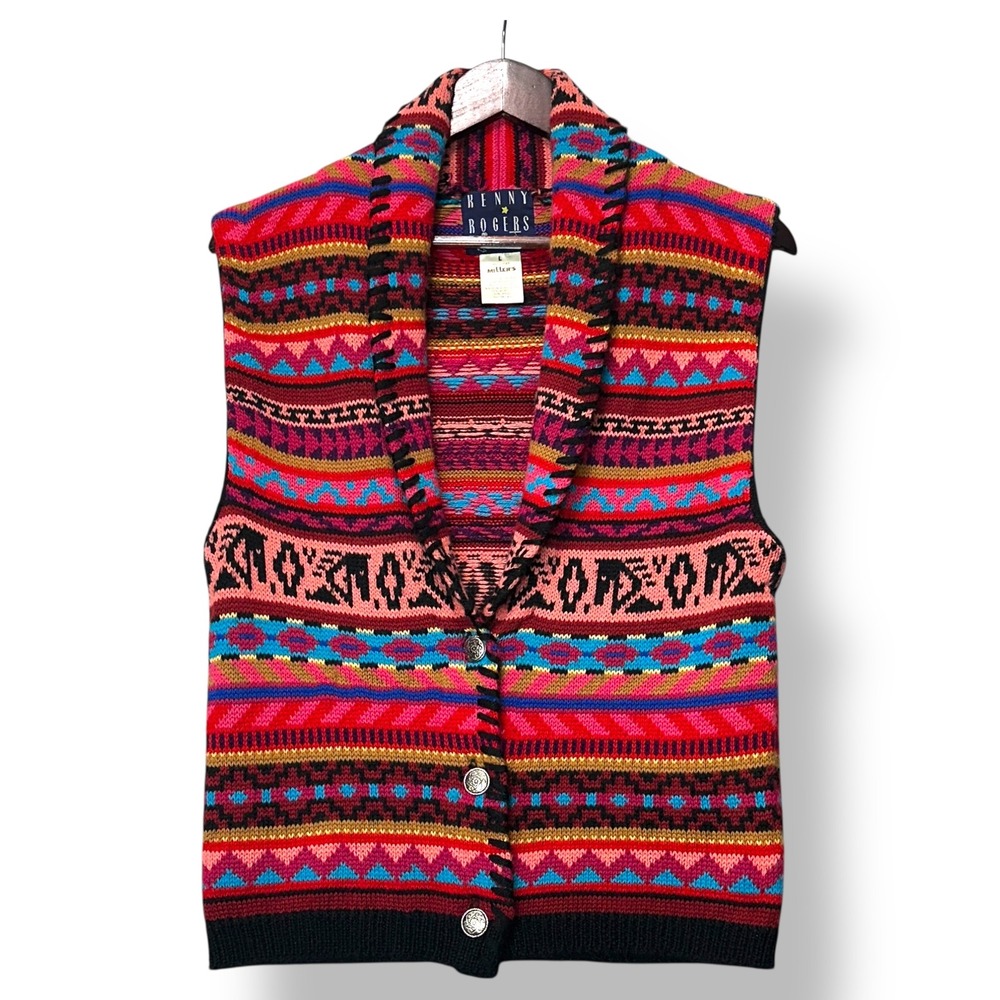 Kenny Rogers Miller's Womens L (Modern M)‎ Southwestern Aztec Knit Button Vest